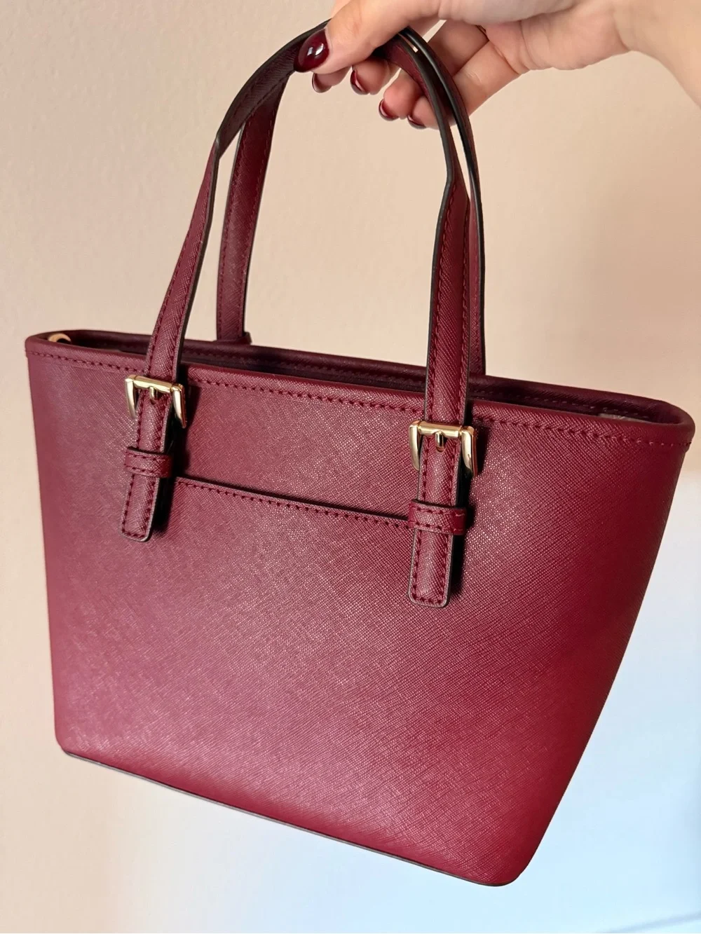 Michael Kors Dark Cherry Saffiano Leather Shoulder Bag with Gold Hardware